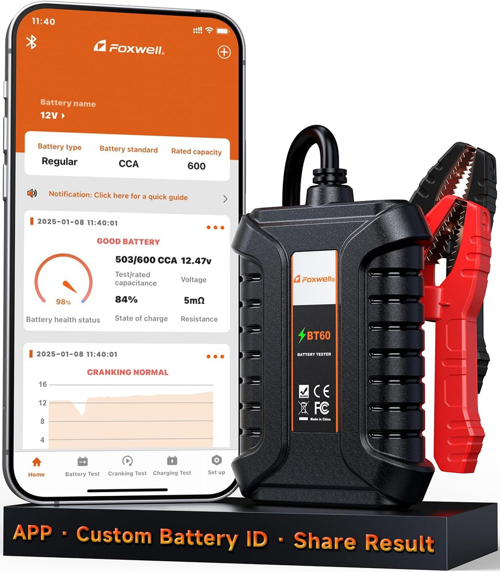 FOXWELL BT60 Car Battery Tester, 12V Bluetooth Battery Load Analyzer via App