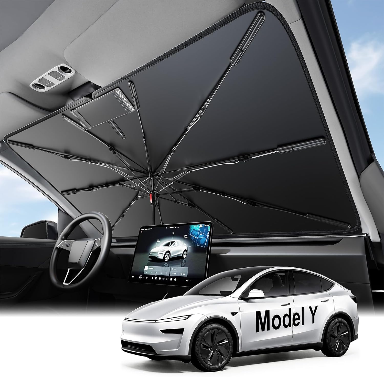 2026 Upgraded Windshield Sun Shade Umbrella for Tesla Model Y [Precision Custom Fit, Superior UV & Heat Block] Cooling Tech Fabric, Durable Foldable with Storage Bag, Fits 2020-2026 Juniper