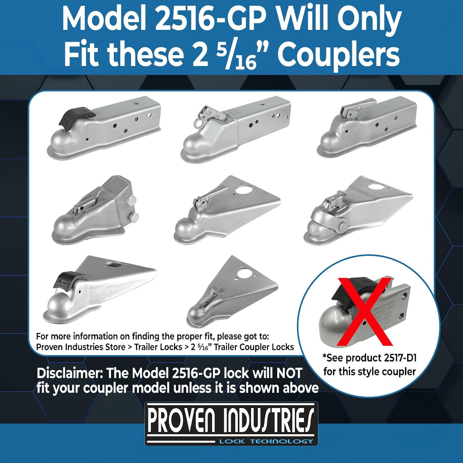 Proven Industries Model 2516-GP Trailer Lock, Fits Select 2 5/16-Inch Trailer Couplers, Made in the USA