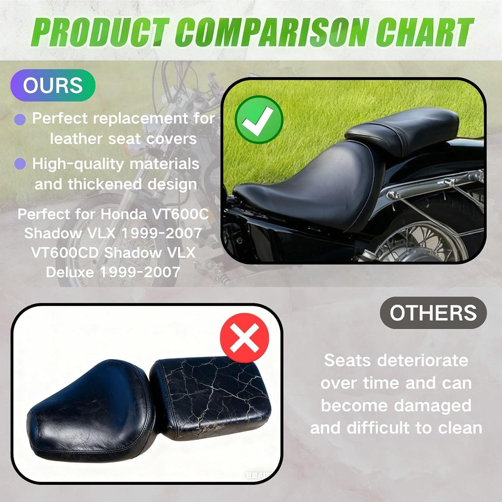 Full Wrap-Around Seat Cover for Honda VT 600 VT600 C/CD Shadow VLX Deluxe 1988-2008 /Premium Leather/Waterproof/Stain-Resistant (Black)