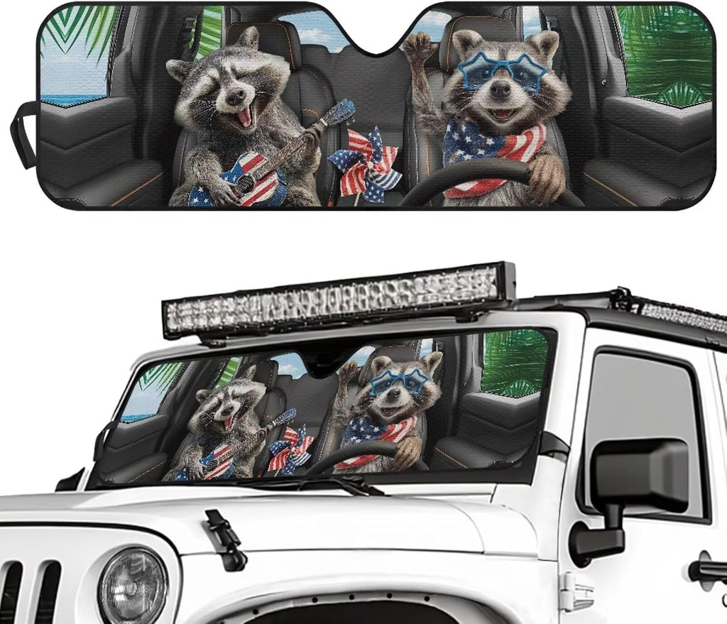 Tuoxiukan Raccoon Car Windshield Sun Shade for 2007-2023 Wrangler Rubicon Sahara TJ JK JKU 2 & 4 Door Funny Sun Shade Car Window 52x16 UV Blocking Automotive Interior Accessories