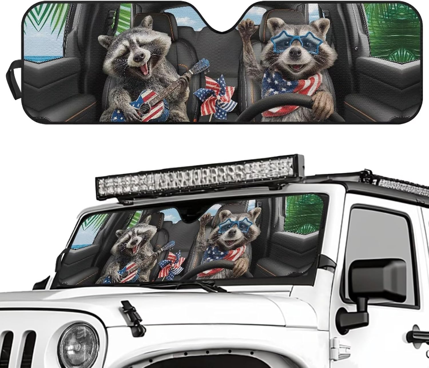 Tuoxiukan Raccoon Car Windshield Sun Shade for 2007-2023 Wrangler Rubicon Sahara TJ JK JKU 2 & 4 Door Funny Sun Shade Car Window 52x16 UV Blocking Automotive Interior Accessories