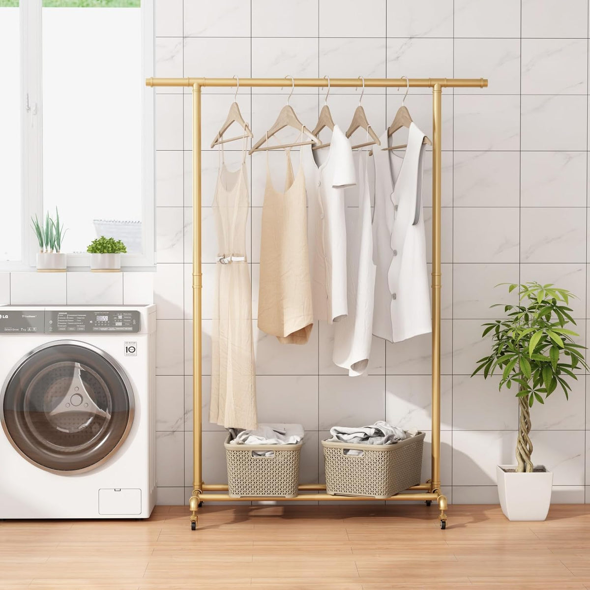 industrial pipe clothing rack, heavy duty metal clothes, close-up detail