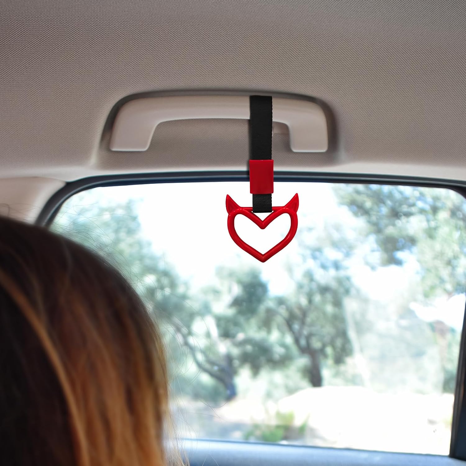 2 Pcs Devil Heart Shaped Car Handle Strap – Drift Charm Rear Bumper Warning Ring Decor for Car Interior Exterior, Subway Bus Handle Accessory, Cute Heart Car Decor Gift for Drivers (Red)