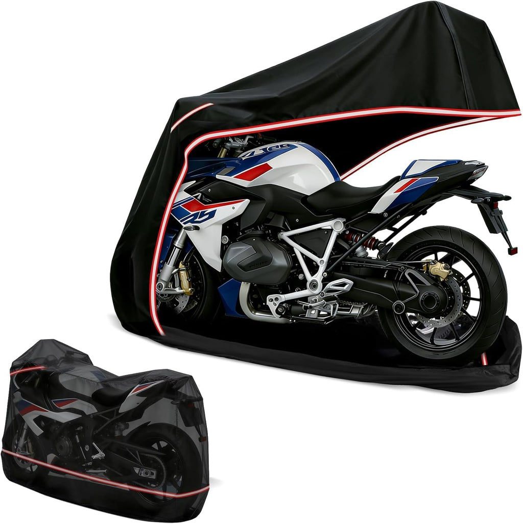 Full Enclosed Motorcycle Cover - Waterproof for Outdoor & Indoor Storage,600D Heavy Duty with Reflective Strips,Fits Scooters & Touring Motorcycles up to Length 108" x 45" x 59" Black