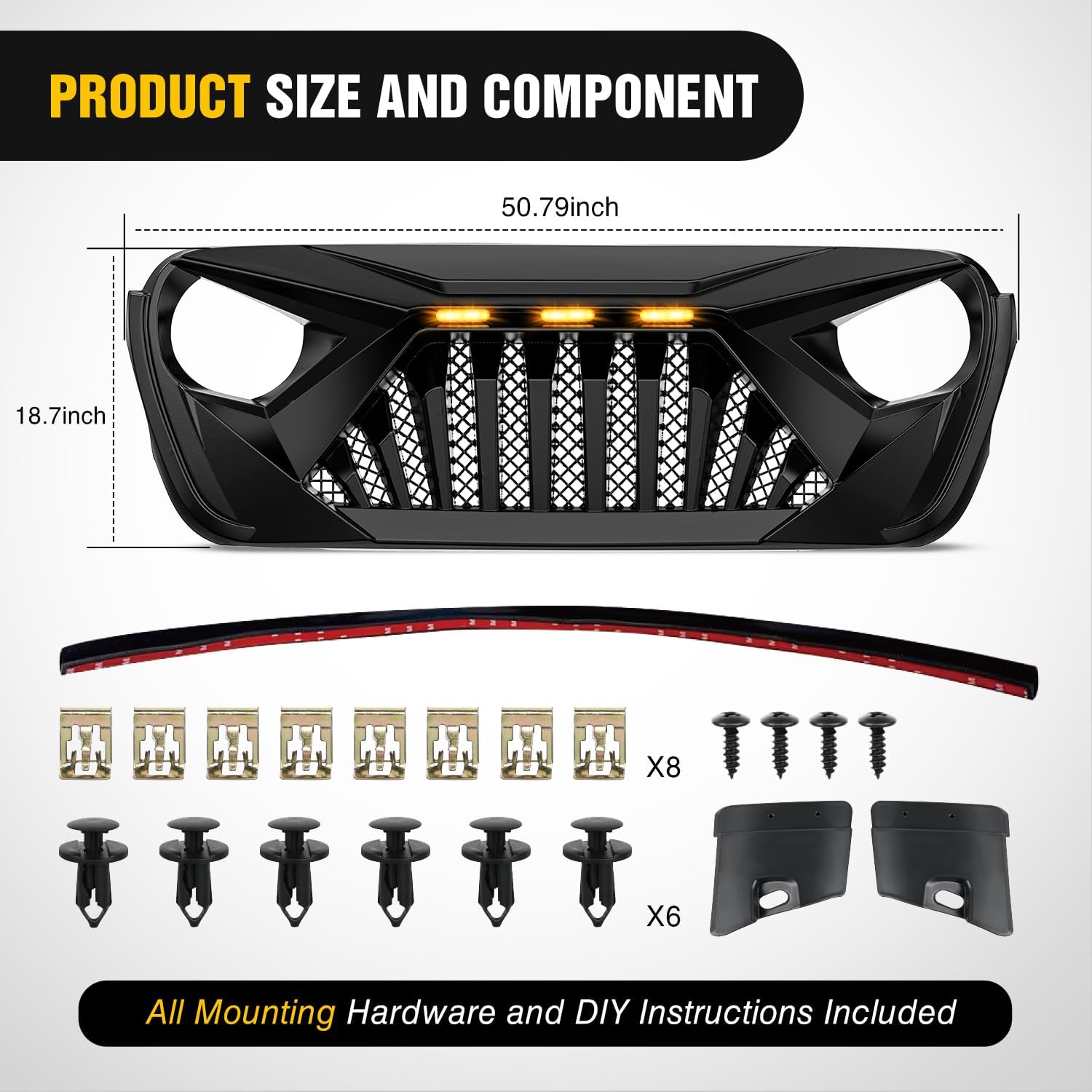 Nilight Front Bumper Grill Cover for 2018 2019 2020 2021 2022 2023 2024 2025 Wrangler JL and Gladiator JT with LED Amber Lights Matte Black