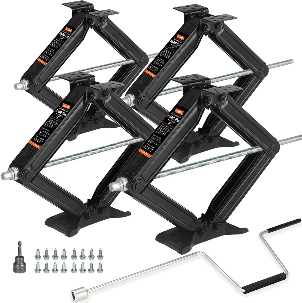 OULEME 24" RV Camper Scissor Jack, 6500 lbs Travel Trailer Leveling Stabilizer with Crank Handle & Drill Socket - Set of 4
