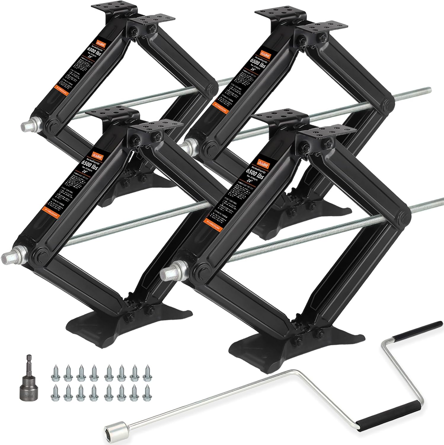OULEME 24" RV Camper Scissor Jack, 6500 lbs Travel Trailer Leveling Stabilizer with Crank Handle & Drill Socket - Set of 4