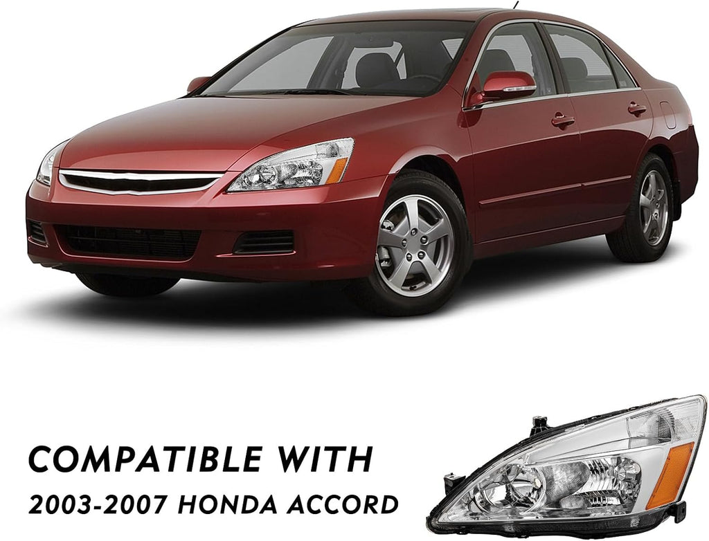 TUSDAR Headlight Assembly Replacement for 2003-2007 Honda Accord [Factory Halogen Type] Headlamp Chrome Housing with Amber Reflector (Driver Left Side)