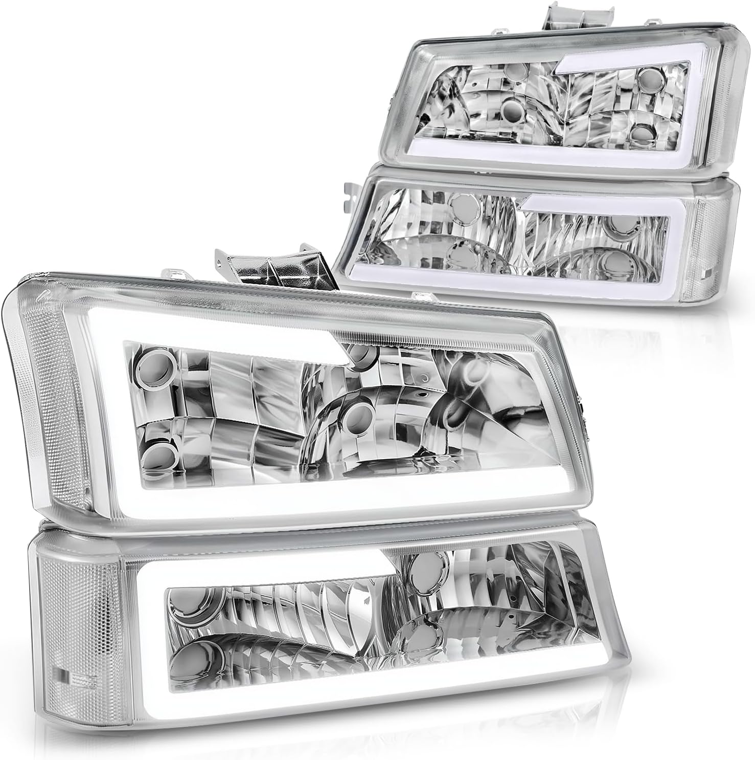 Auto Dynasty 4PCS LED DRL Headlight Lamps Compatible with Chevy Silverado Avalanche 1500 2500 3500 03 04 05 06 / Chevy Silverado Classic Models 07, Driver and Passenger Side, Chrome Housing Clear Lens