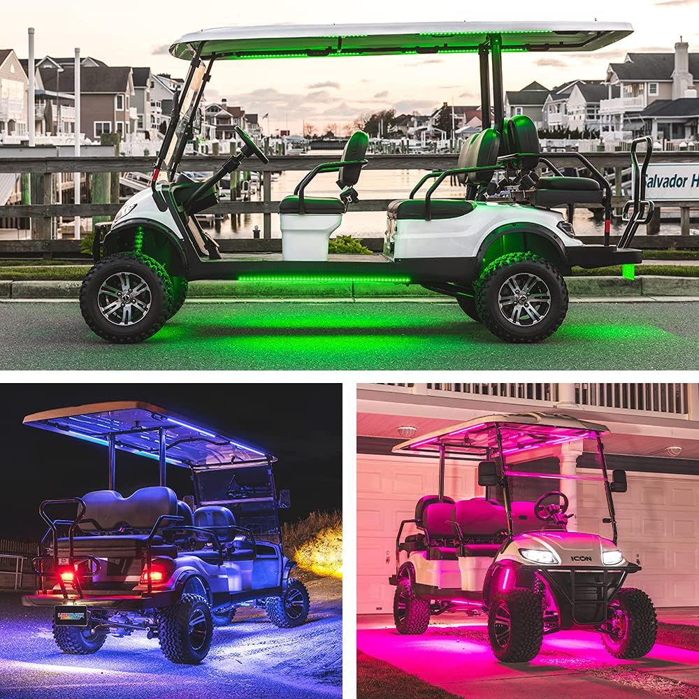 LEDGlow 12pc Million Color LED 6-Seater Limo Golf Cart Underglow Neon Lighting Kit w/Canopy & Wheel Well Lights Fits EZGO, Yamaha, Club Car, ICON, Evolution, Tomblerin, Star EV - for 12-Volt Battery