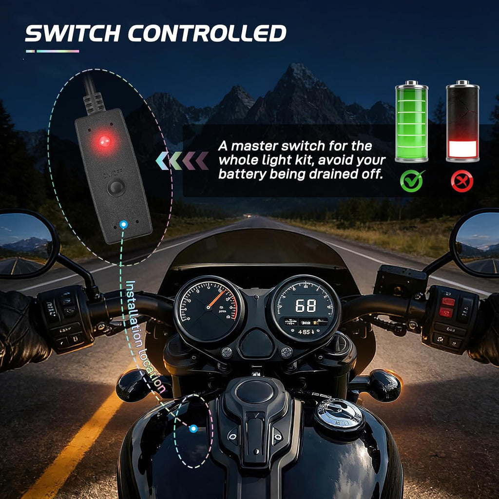 nilight 12pcs motorcycle rgb led light kit app showing dimensions