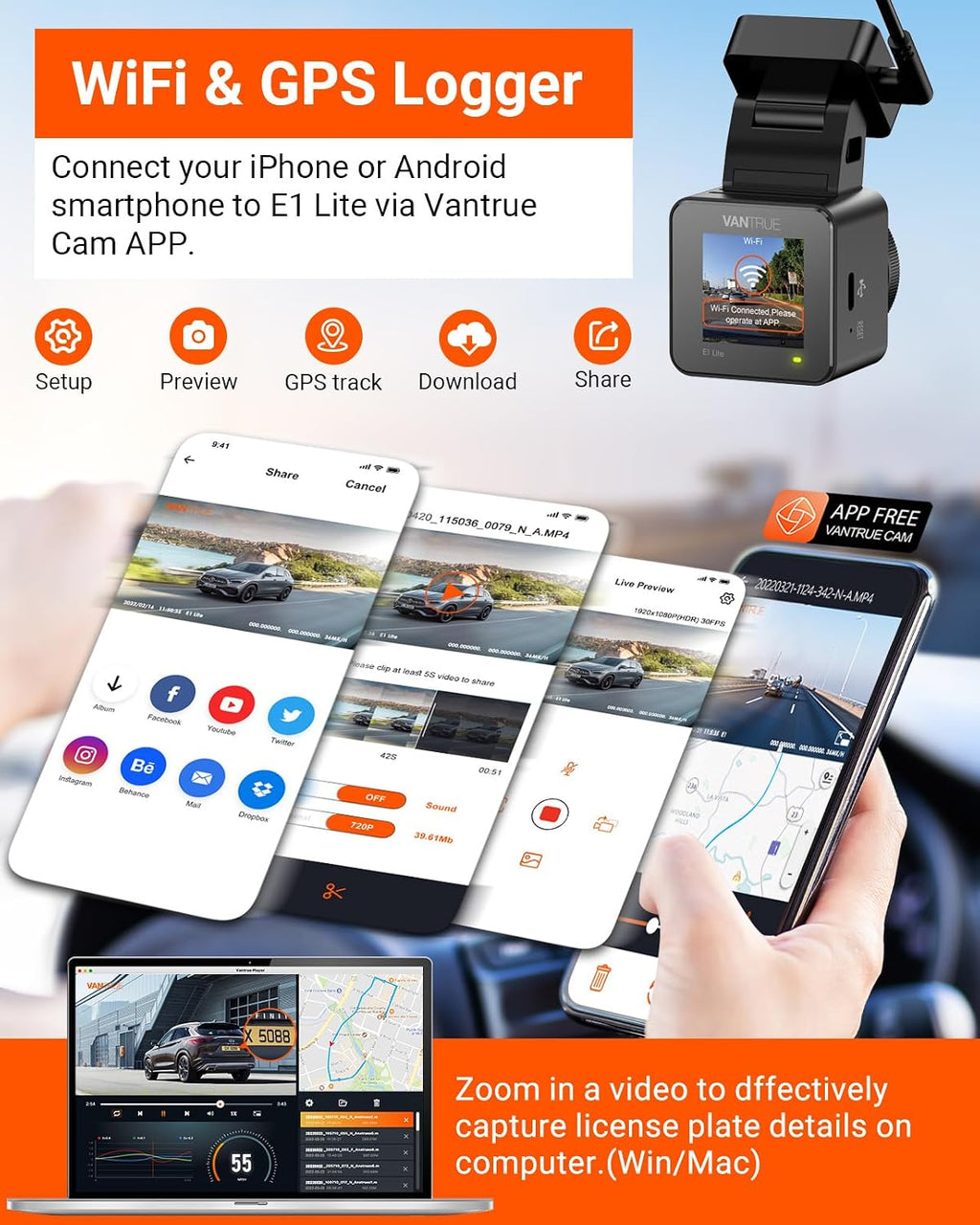 vantrue e1 lite 1080p mini dash cam, 60fps, side view