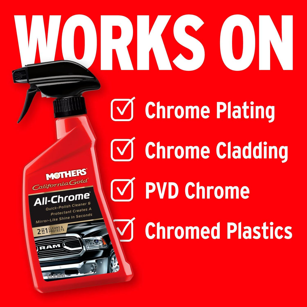 Mothers California Gold All-Chrome, 12 oz. – Cleans & Polishes Chrome, PVD & Chromed Plastics, Removes Fingerprints, Bugs, Water Spots & Smudges, Leaves a Brilliant Shine & Protective Barrier (05222)