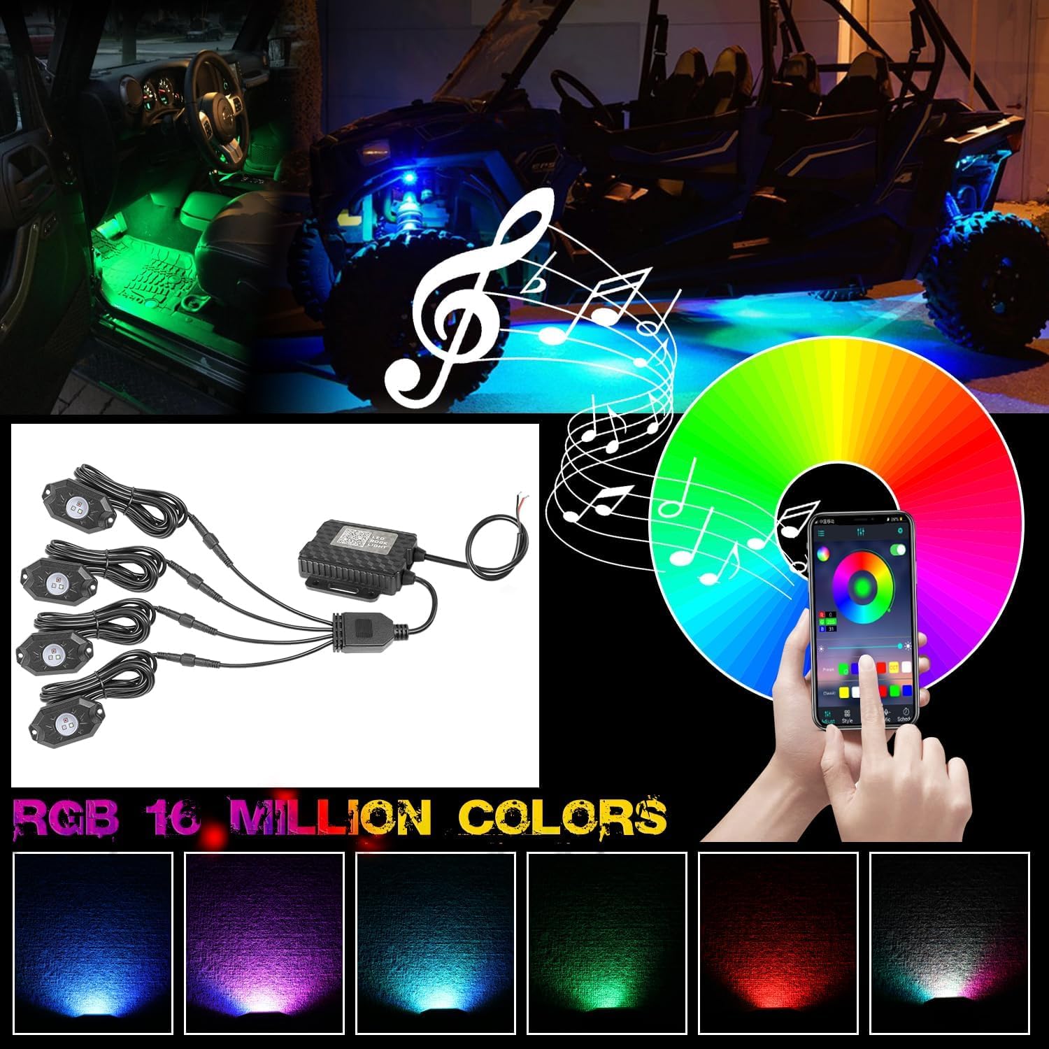 OFFROADTOWN RGB LED Rock Lights Kit 4 pods Neon Trail Rig Light Underglow with Bluetooth App Control for UTV ATV Polaris Can-Am Yamaha Honda Kawasaki Boat Motorcycle