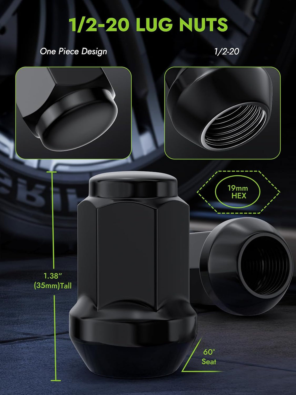 AUTOPTIM 1/2-20 Lug Nuts - Replacement for 1987-2018 Jeep Wrangler JK, 2002-2012 Liberty, 1993-2010 Grand Cherokee, Black 19mm Hex 1.38" Tall, 1/2"-20 Closed End Aftermarket Wheel Lug Nuts (20pcs)