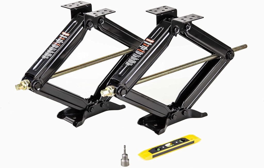 ROCKMAN 24" 7500lbs RV Camper Trailer Stabilizer Leveling Scissor Jacks with Wide Bow-Tie Base/Power-Drill Socket & Magnetic Level (Set 2)