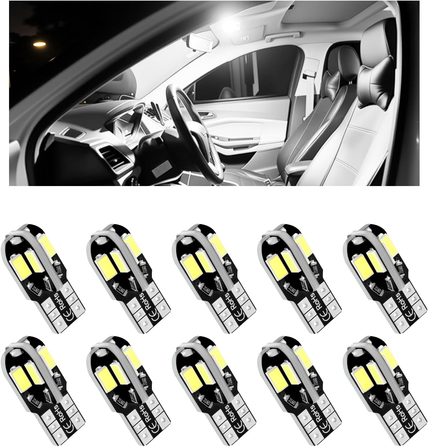 10PCS Interior Car Lights,12V T10 LED Bulb Car Interior Light with High Bright White,Universal Cars LED Lights as License Plate/Reading/Map/Dome Light Cars Accessories