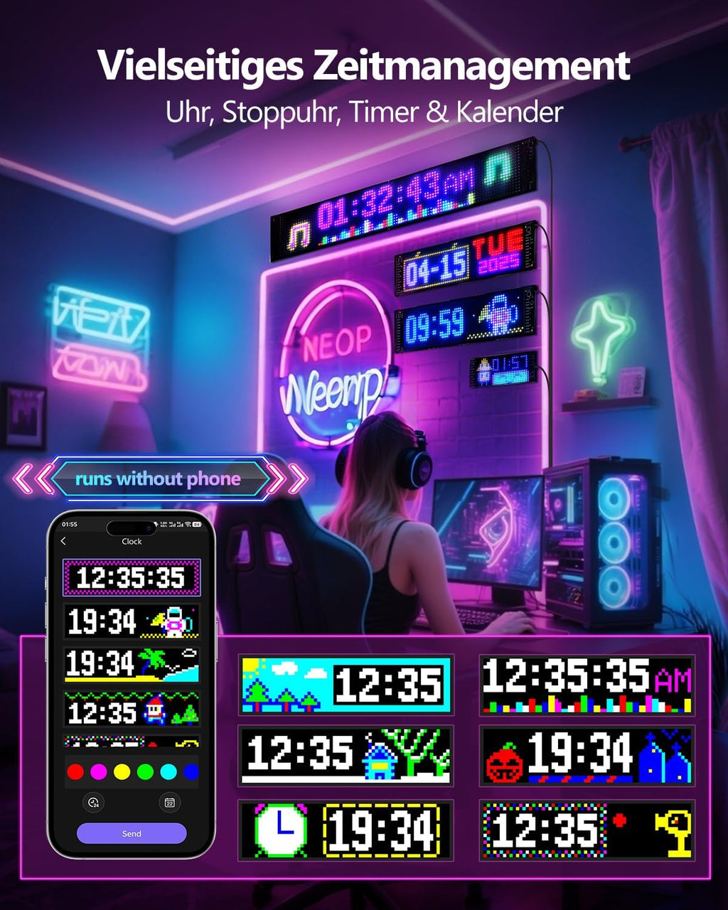 Multifunctional Bright 2PCS Devil Eyes for Cars Windshield - 15x4in [Upgraded Chip 100% Synchronized] Programmable Flexible LED Matrix Display - Custom Text Car Window Sign for Golf Cart Auto