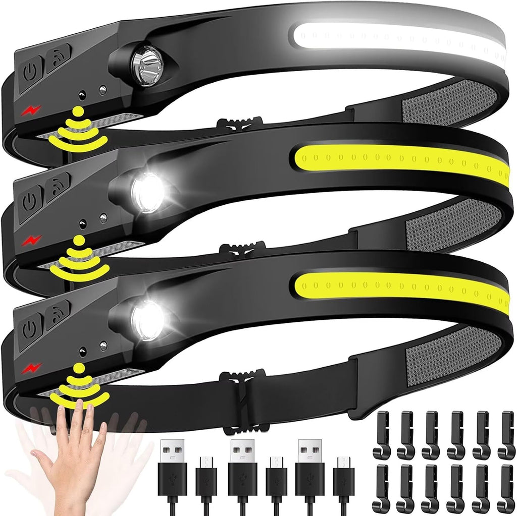 Headlamp Rechargeable 3PCS, 230° Wide Beam Head Lamp LED