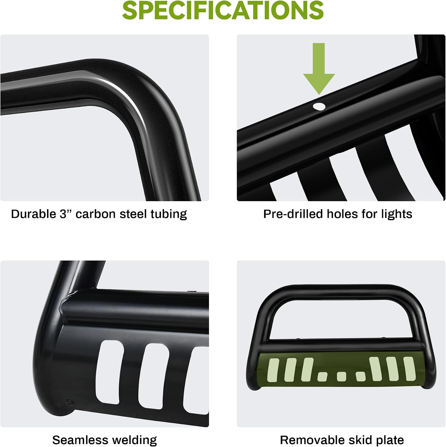 AUTOSAVER88 Bull Bar Compatible for 2004-2024 Ford F150 F-150, Front Bumper Grill Black Heavy Duty 3" Tube Brush Push, Grille Guard with Skid Plate