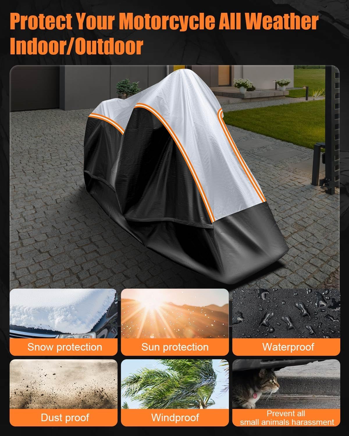 Full Enclosed Large Motorcycle Cover Waterproof Outdoor/Indoor Storage Motorcycle Cover Heavy Duty with Reflective Strips Fits Motorcycles Length up to 118" with Side+Top Box (Black+Sliver)