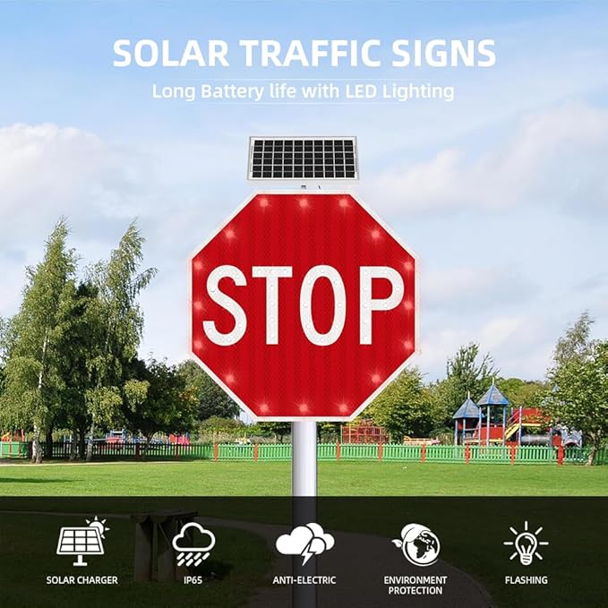 30" Solar Stop Sign Solar Powered LED Blinking Reflective Street Traffic - Image 4