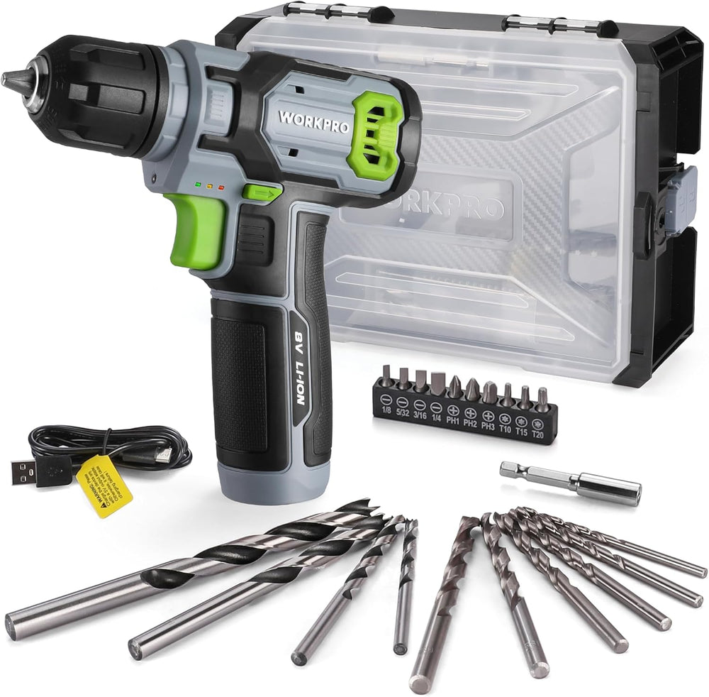 WORKPRO Power Drill Bit Set with Tool Box, 8V Cordless Drill Driver
