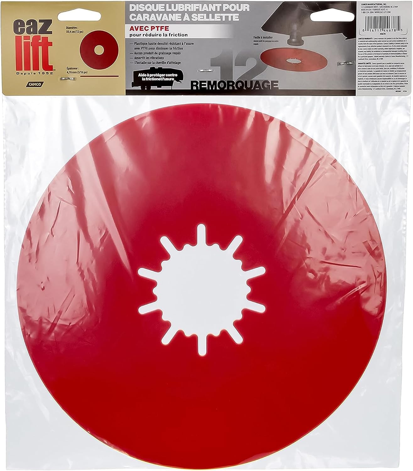 Camco EAZ-Lift 12” Premium Fifth Wheel Lube Plate - Crafted of High-Density PTFE Plastic to Protect Against Wear and Tear - Cushions Vibrations - No Drilling or Tools Required (44678)