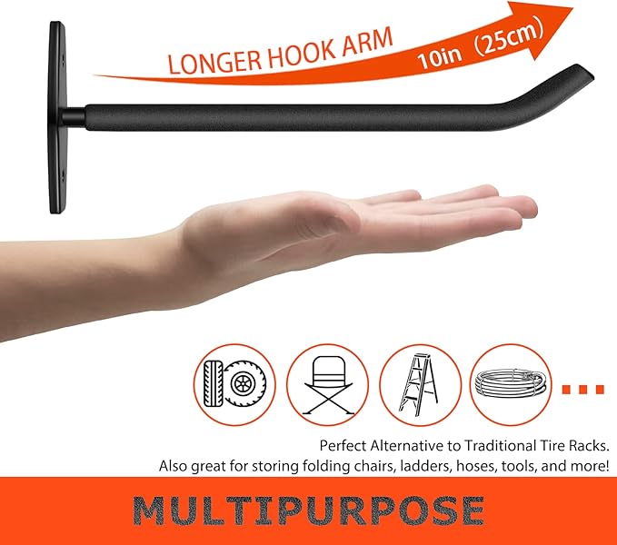 Tire Rack Wall Mount, 10 Inch Large Garage Hooks Heavy Duty Storage, Ladder - Image 2