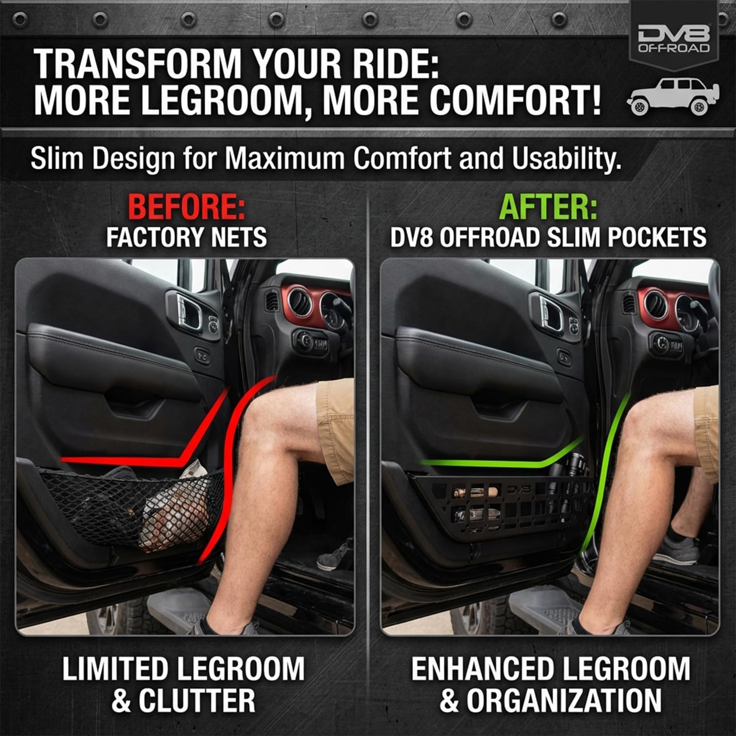 DV8 Offroad Slim Jeep Front Door Storage Pockets Compatible with 2018-2026 Jeep Wrangler JL & 2020-2026 Gladiator JT - Molle Jeep Door Pockets & Net Replacement, Slimmer Design for Improved Legroom