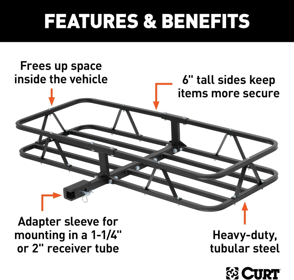 CURT 18145 Cargo Basket Hitch Trailer Hitch Cargo Carrier, 500 lbs. Capacity, 46-1/2-Inch x 17-1/2-Inch x 5-1/2-Inch, Fits 1-1/4 or 2-Inch Receiver