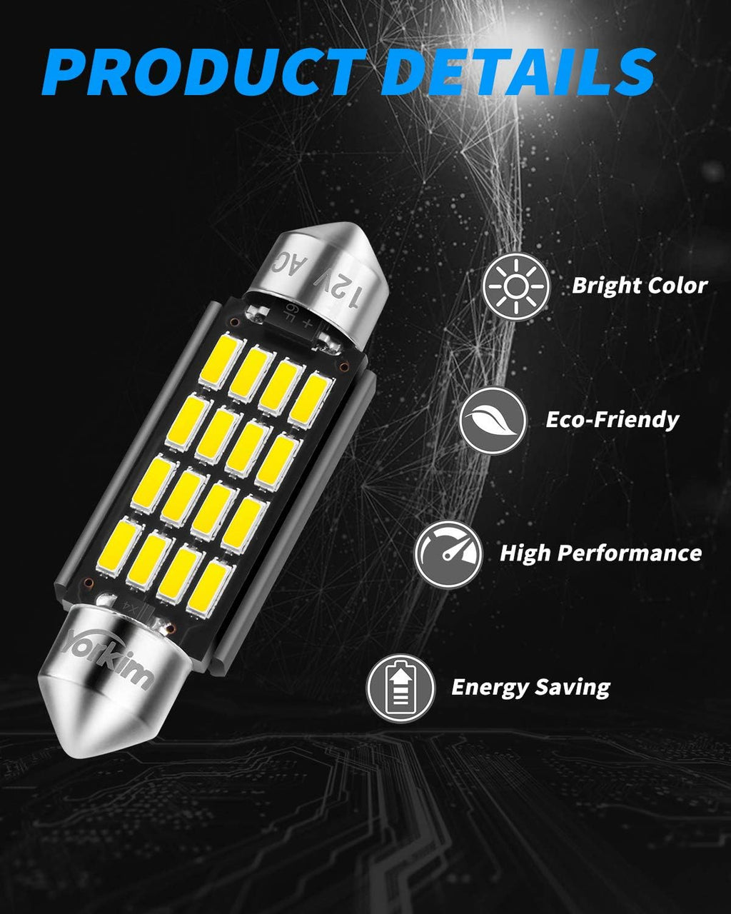 Yorkim 578 Festoon LED Bulb 41mm 42mm LED White Super Bright Canbus Error Free 16-SMD 4014 Chipset, 212-2 Dome Light, Interior Light MAP Light 211-2 Bulb, Pack of 2