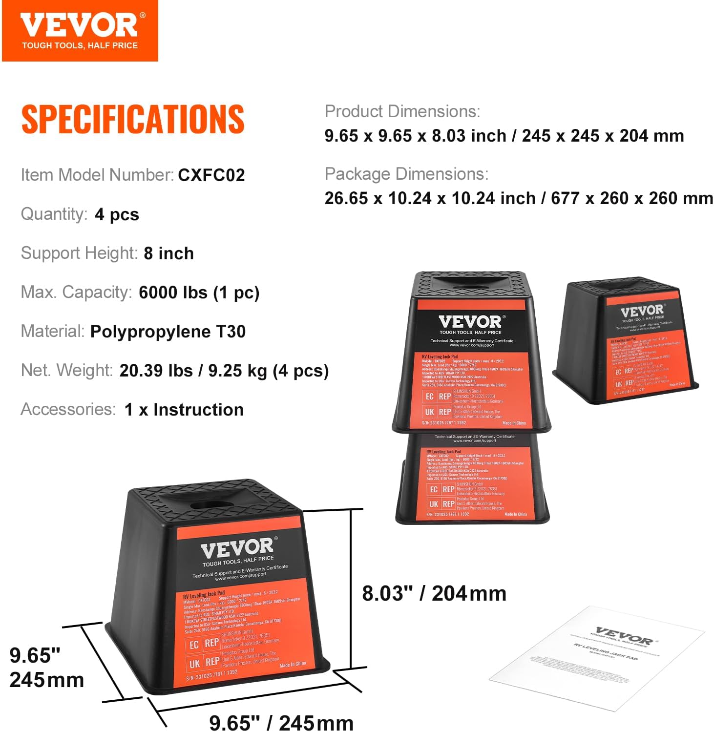 VEVOR Trailer Jack Block, 6000 lbs Capacity per RV Leveling Block, Polypropylene RV Camper Stabilizer Blocks, RV Travel Accessories Use for Any Tongue Jack, Post, Foot, 5th Wheels, 4-Pack