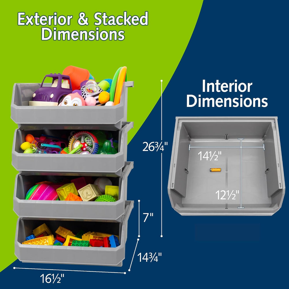 Extra Large Stackable Plastic Storage Bins, 4-Pack, Grey