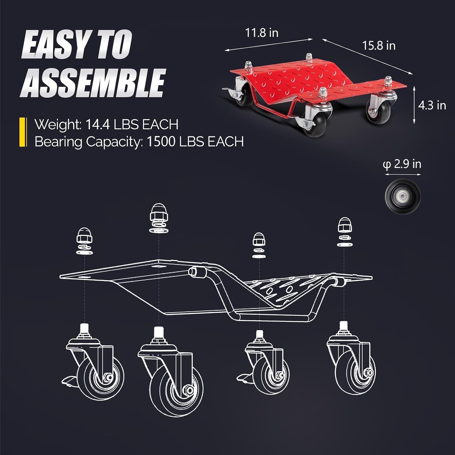 TUFFIOM Car Dolly Set of 4, 6000LBS Capacity Wheel Dollies, Heavy Duty Vehicle Dolly Upgraded, Steel Tire Skates with Brakes, Red