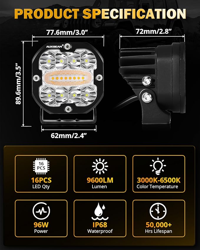 Auxbeam 3 Inch 96W Amber White LED Light Pods XP-Ultra Series 6 Modes Dual