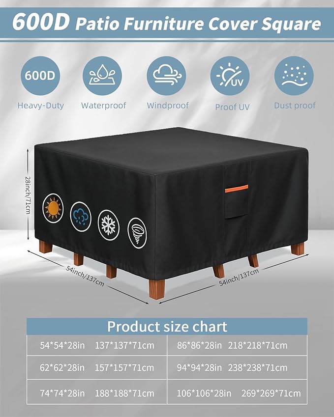 Outdoor Waterproof Furniture Cover, 54W x 54L x 28H inches Heavy Duty 600D - Image 3