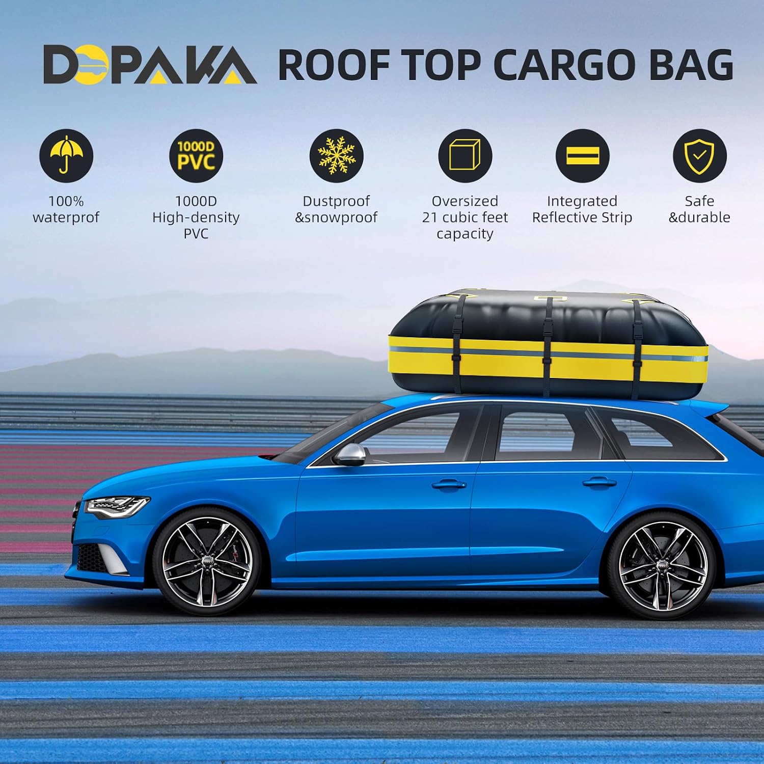 Car Rooftop Cargo Carrier Bag,100% Waterproof Heavy Duty 1000D Car Top Carrier,21 Cubic Feet Car Roof Bag for All Vehicle with/Without Rack,Anti-Tear Anti-Slip Mat, Luggage Lock,6 Door Hooks