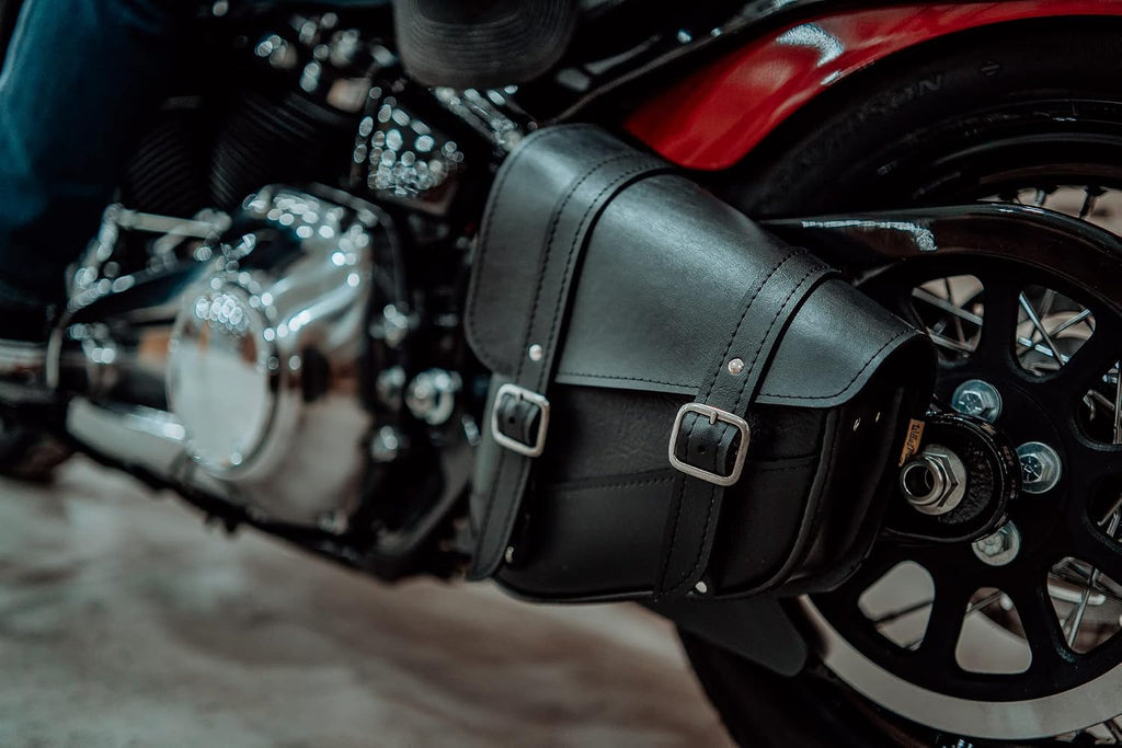 Willie & Max Black Synthetic Leather Small Motorcycle Swingarm Bag for Softail/Triangulated Swingarm Models - Chrome Buckles - Made in USA [59776-00]