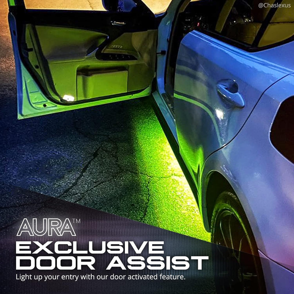 OPT7 Aura Aluminum Underglow Lighting Kit w/Keyless Unlock Light, 4pcs Exterior Neon Accent LED Underbody Strip, Multicolor Modes, Waterproof, Soundsync, Door Assist, Remote Control, Car Truck RV