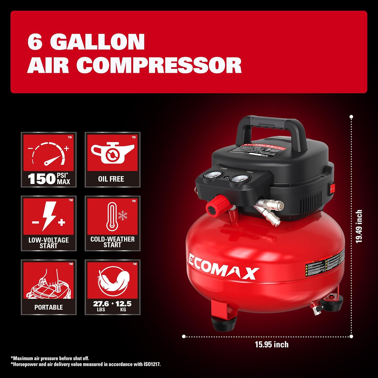 ECOMAX Air Compressor 6 Gallon 150 PSI Pancake Portable Oil-free Tank with 10 PCS Accessories Kit