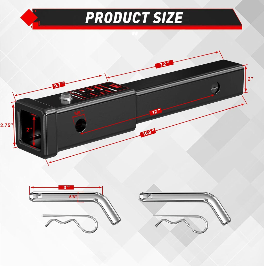 TYT 12" Trailer Hitch Extension for 2 inch Receiver Tube Extender，Includes 2 Sets of 5/8" Premium Hitch Pin, 5000 lbs GTW / 500 lbs TW