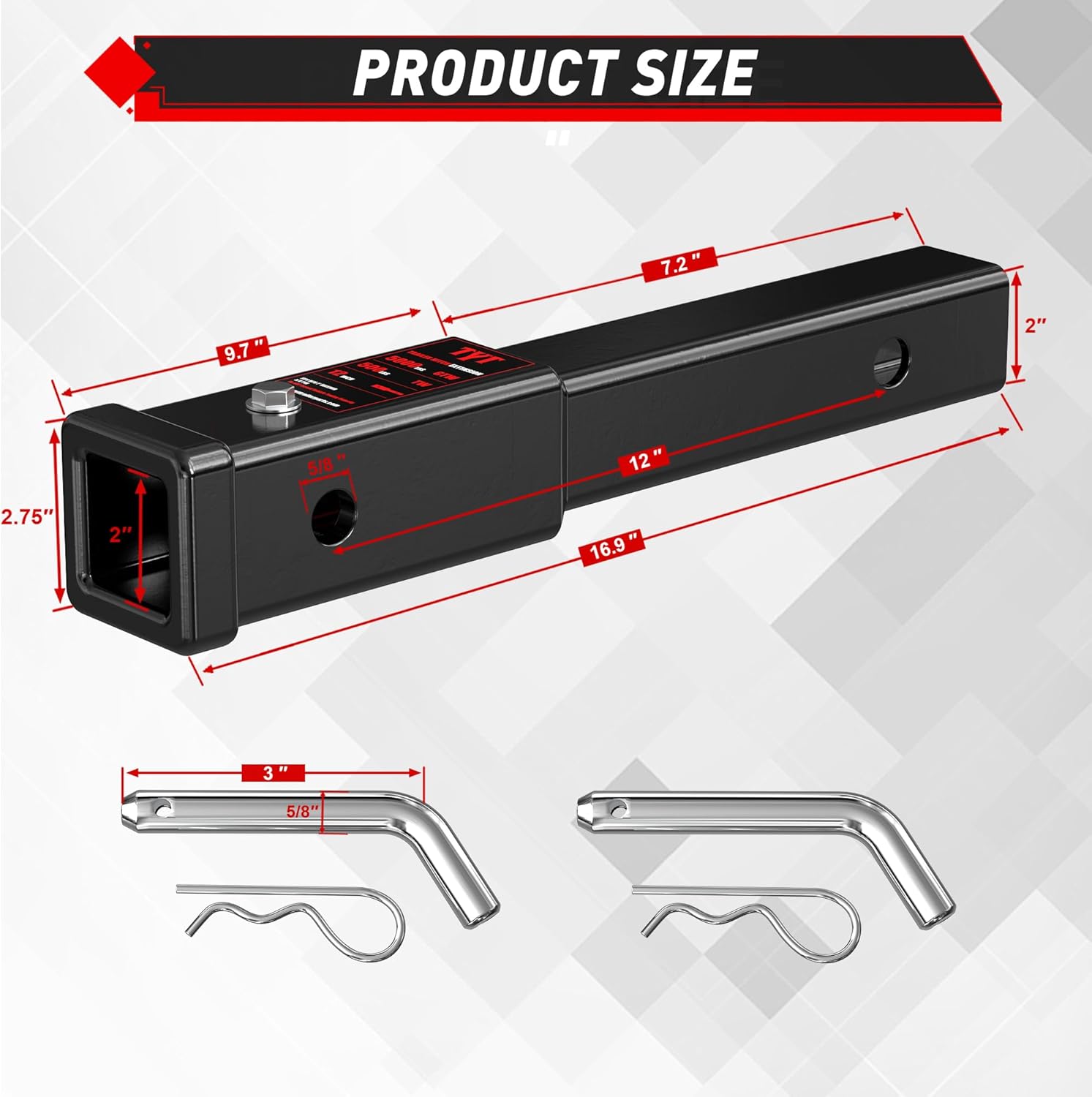 TYT 12" Trailer Hitch Extension for 2 inch Receiver Tube Extender，Includes 2 Sets of 5/8" Premium Hitch Pin, 5000 lbs GTW / 500 lbs TW