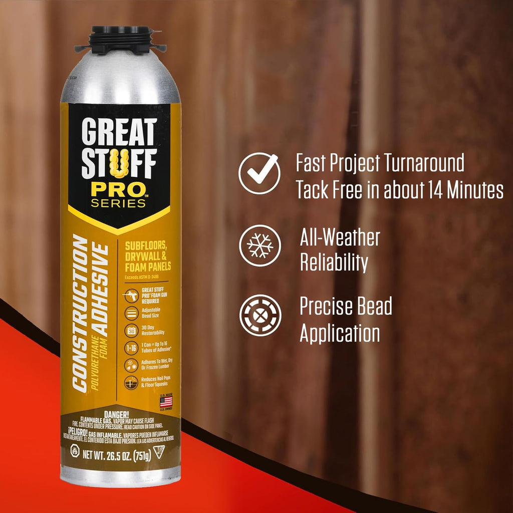 great stuff pro construction adhesive for wall & shown in use