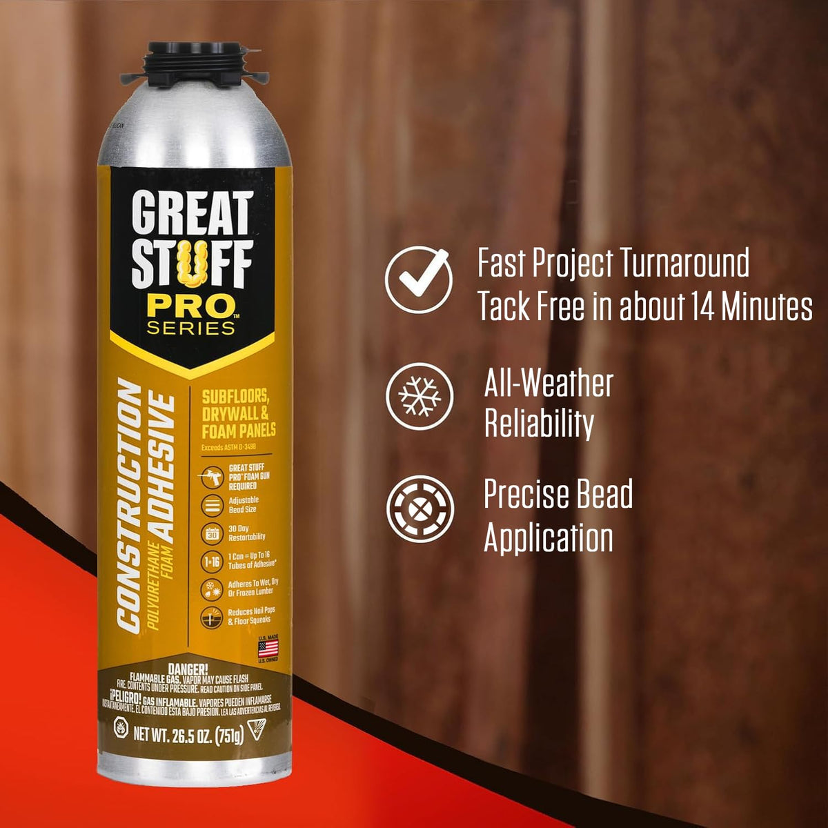 great stuff pro construction adhesive for wall & shown in use