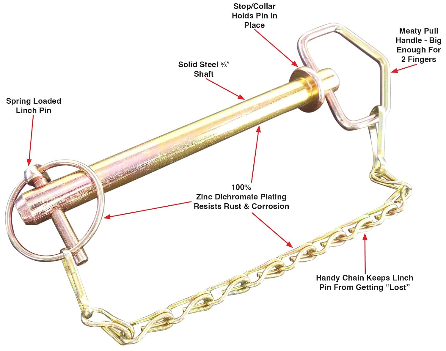 Tech Team #00852 Hitch Pin with Chain and Linchpin, 5/8” Dia x 6” Long, for Secure Mounting of Hitches and Axles, Heavy Duty Steel, Includes Hitch Pin, Chain, and Linchpin