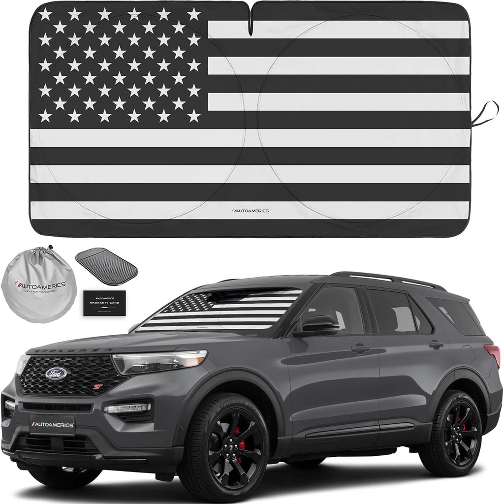 Autoamerics 1-Piece Windshield Sun Shade B&W American Flag USA Patriotic Design - Foldable Car Front Window Sunshade for Most Sedans SUV Truck - Blocks Max UV Rays and Keeps Your Vehicle Cool - Medium