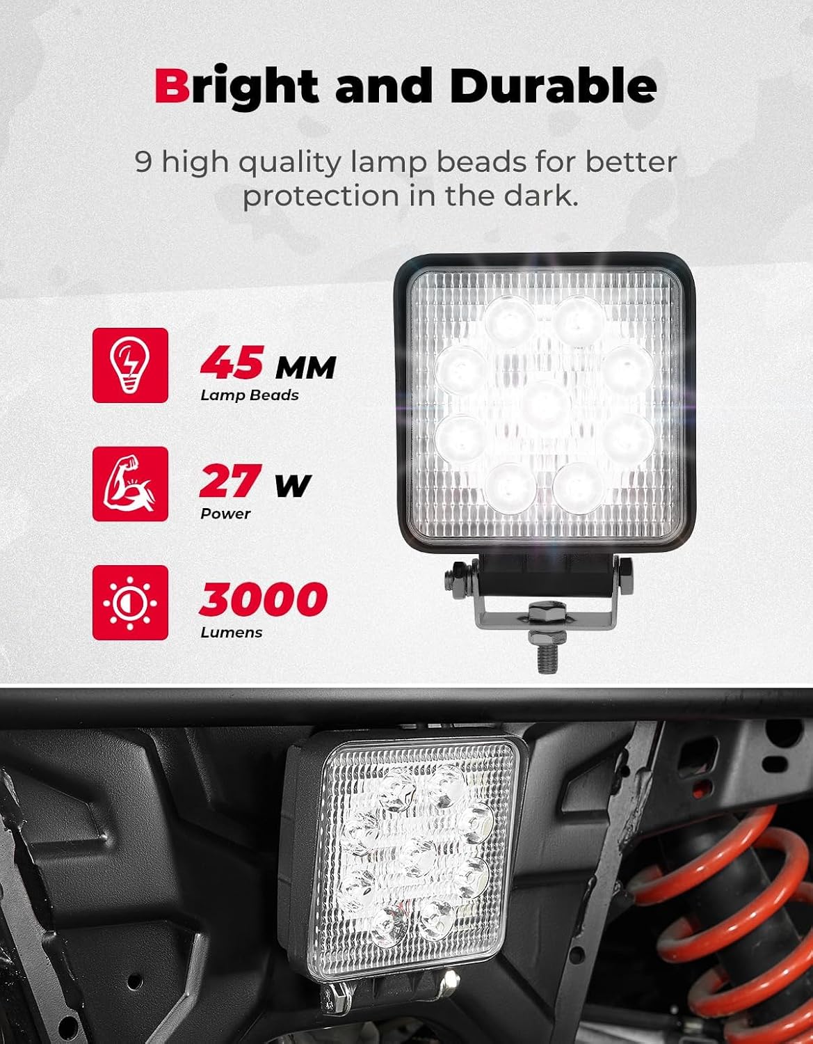 KEMIMOTO Backup Light Compatible with Ranger XP 1000, 27W Reverse Light Rear LED Kit Easy to Install Compatible with 2018-2026 Polaris Ranger 1000 XP/Crew, 5.3×4.5 Inches