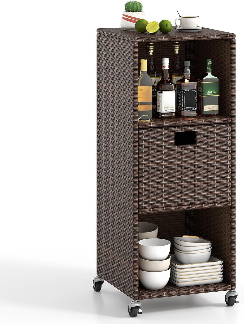 tangkula rattan outdoor storage cabinet with 4 wheels, main product view